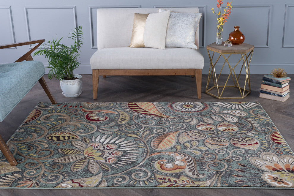 Giselle Transitional Floral Area Rug, Seafoam, 5'3'' X 7'3''