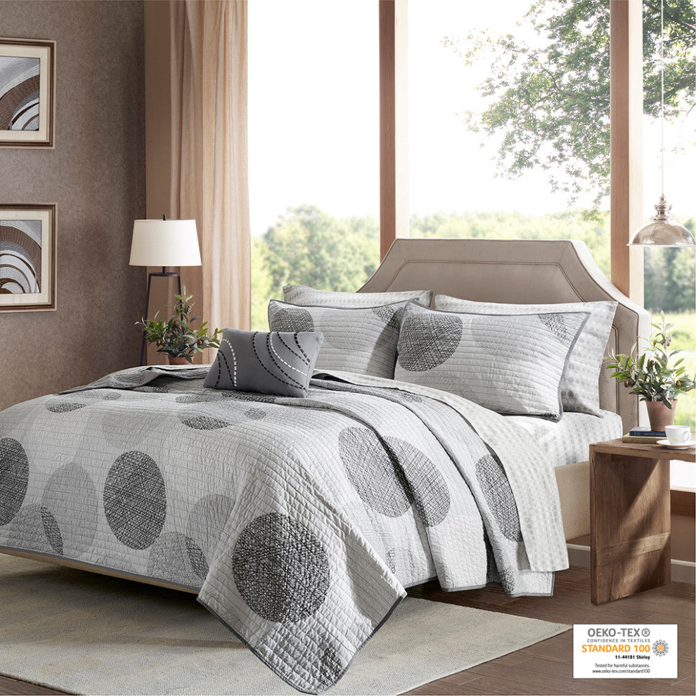 Madison Park Essentials Knowles 6 Piece Quilt Set With Cotton Bed Sheets, Grey