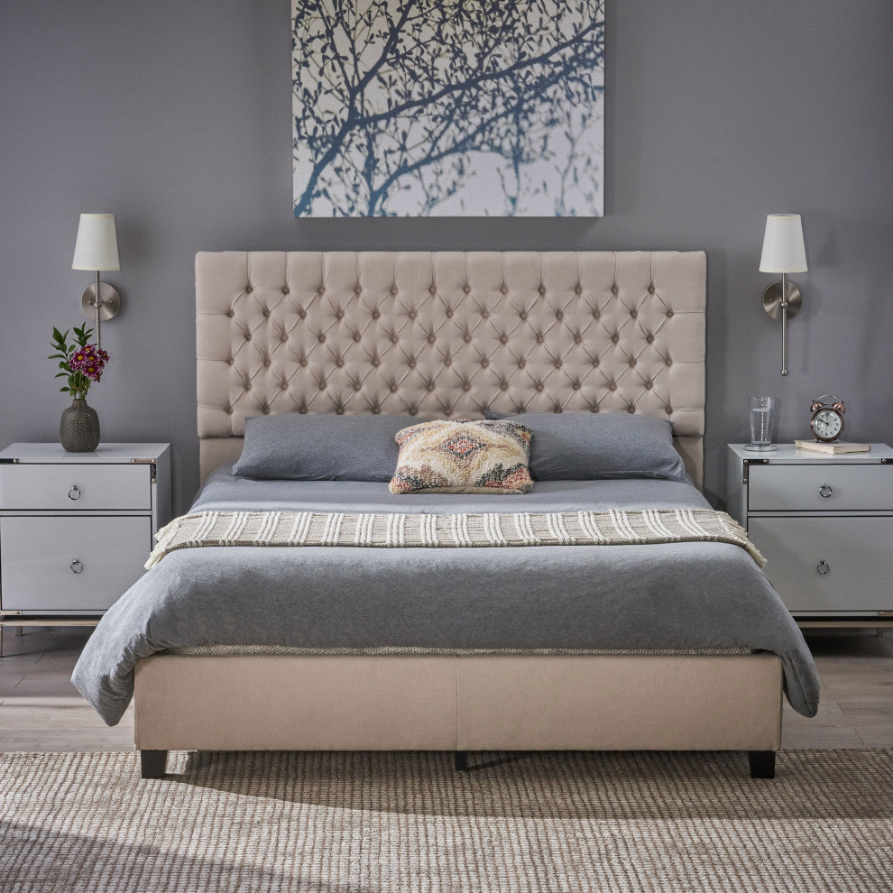 GDF Studio Cumulus Fully Upholstered Fabric Queen Bed Set, Ivory