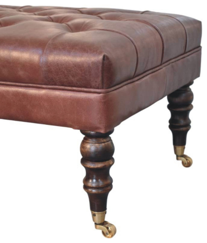 Ottoman Upholstered Buffalo Brown Leather With Castor Legs Artisan Furniture