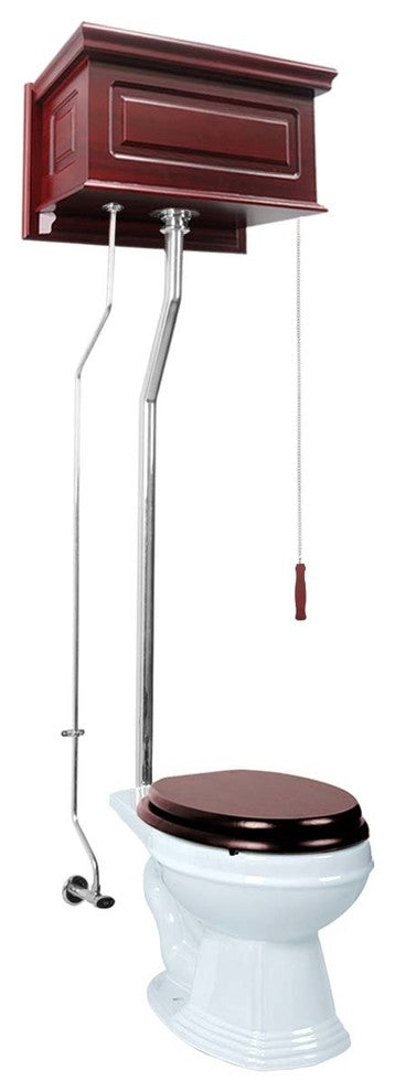 High Tank Toilets Cherry Finish Raised Tank Elong Toilet L-Pipe, White, Cherry, Silver