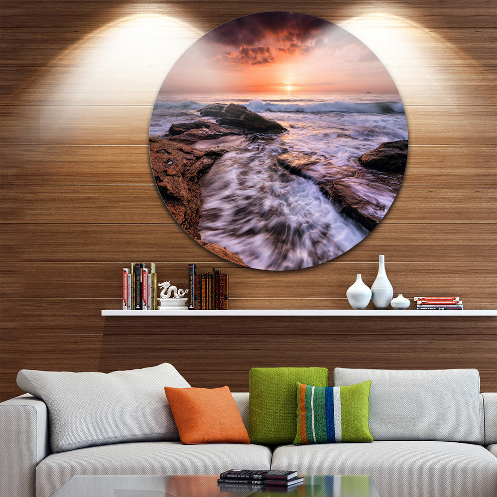 Waves Hitting Rocky Beach Burgas Bay, Seascape Round Wall Art, 11"