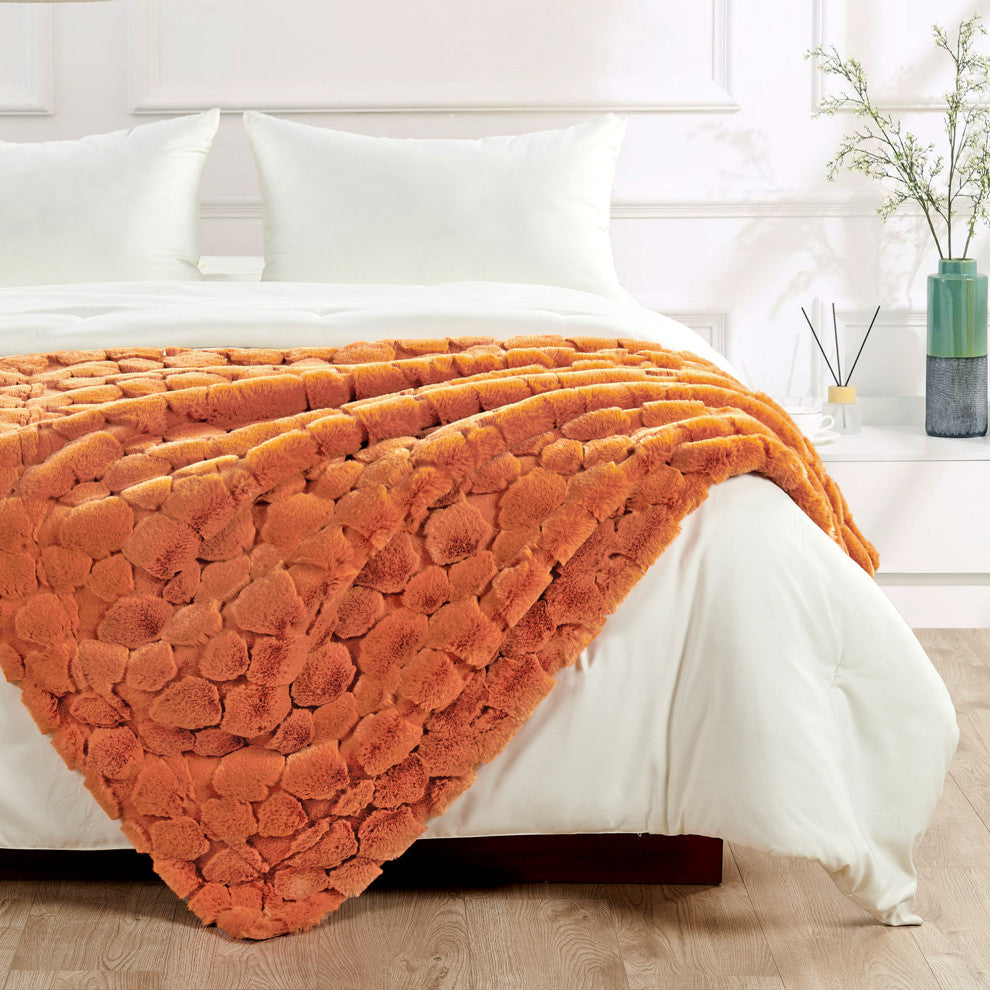 Cloud Carved Faux Fur Throw Blanket, Burnt Orange