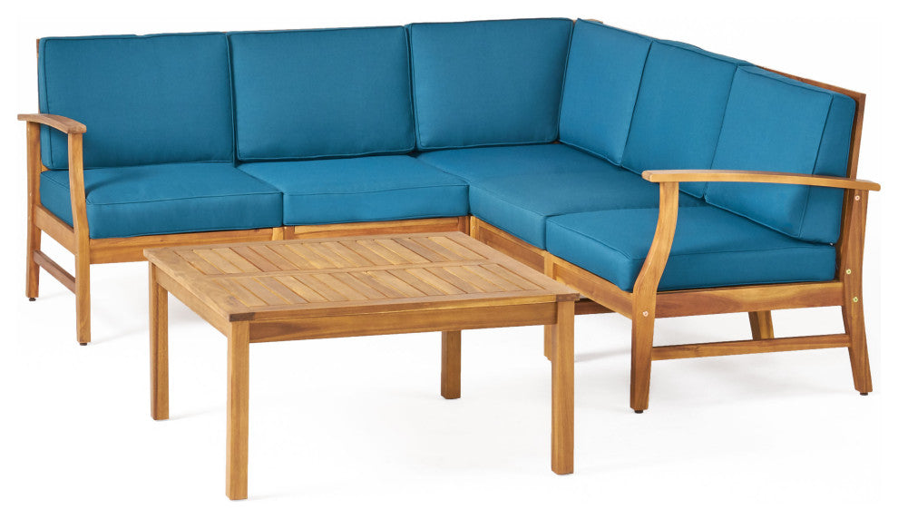 Outdoor 5-Seat V Shaped Acacia Sectional With Table, Blue