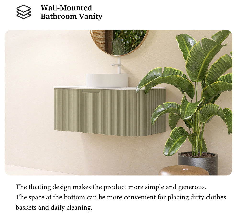 Wall-Mounted Bathroom Vanity With White Round Ceramic Basin, Light Green, 36"