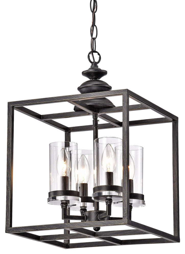 Iris 4-Light Antique Black Lantern Chandelier With Clear Glass Cylinders
