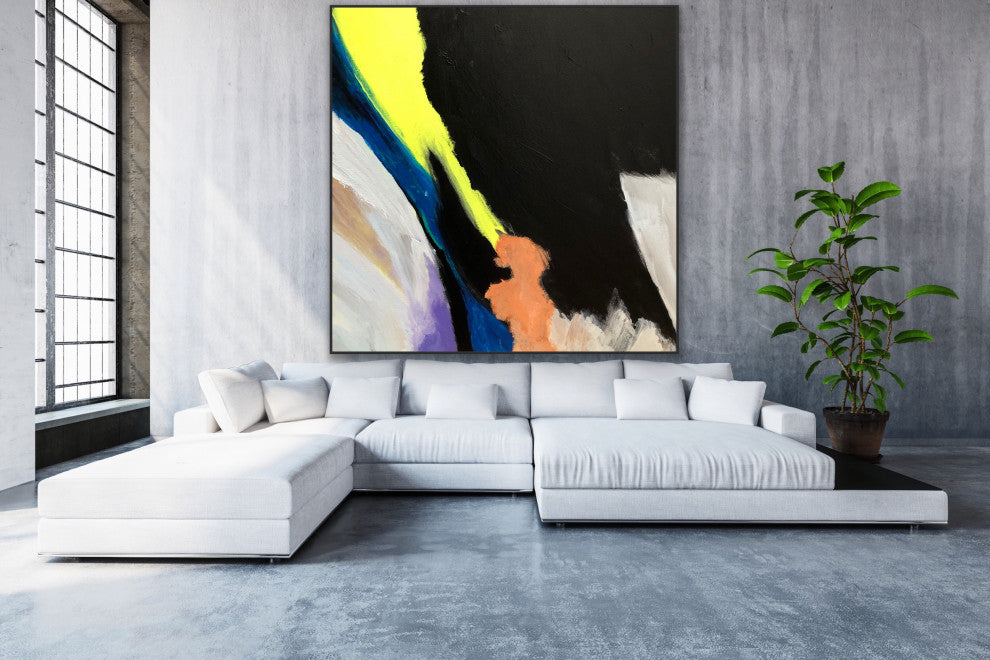 Strong 60x60 IN Black neon modern Art Large Abstract Painting White Minimal Art