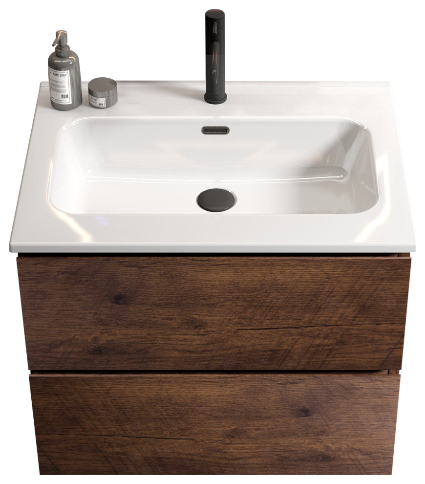 Wall-Mounted Bathroom Vanity Set with Ceramic Sink with one faucet hole, Walnut