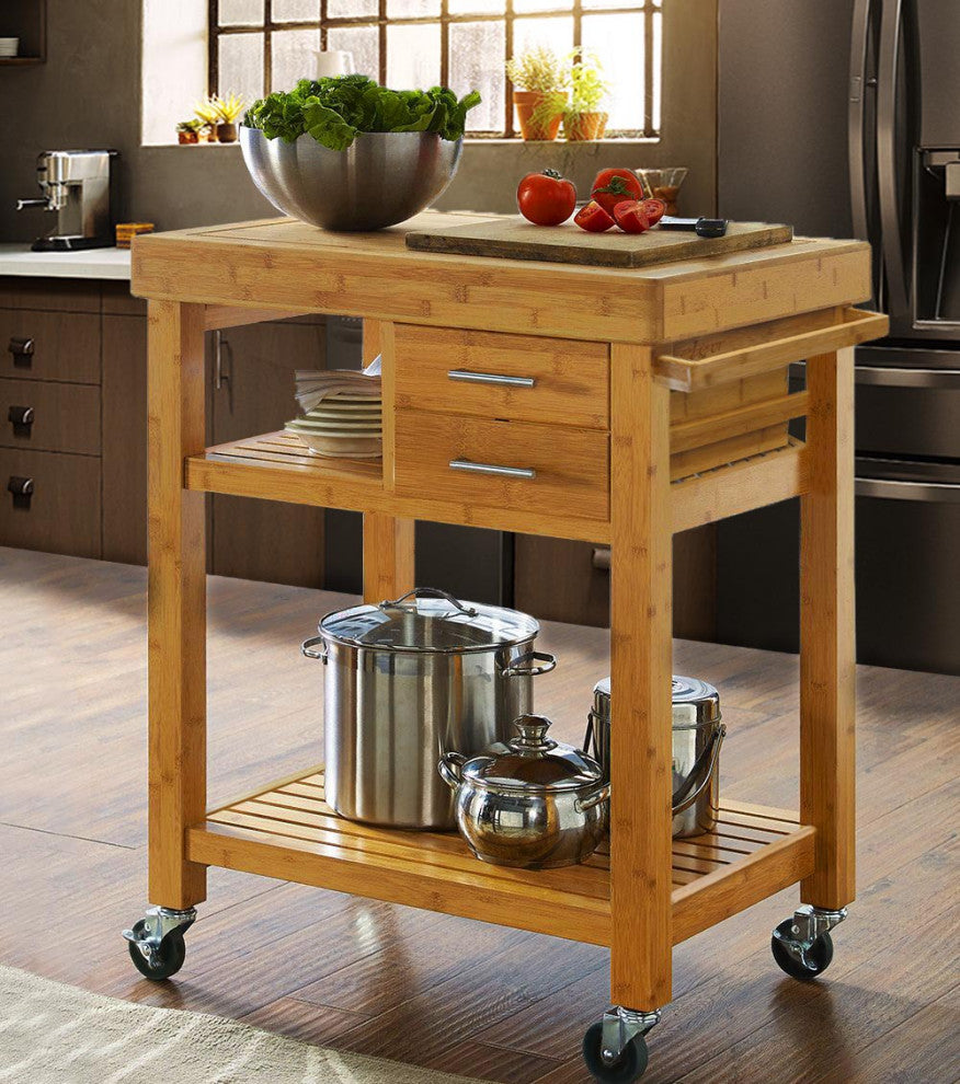 Rolling Bamboo Wood Kitchen Island Cart Trolley, Cabinet w/ Towel Rack & Drawers