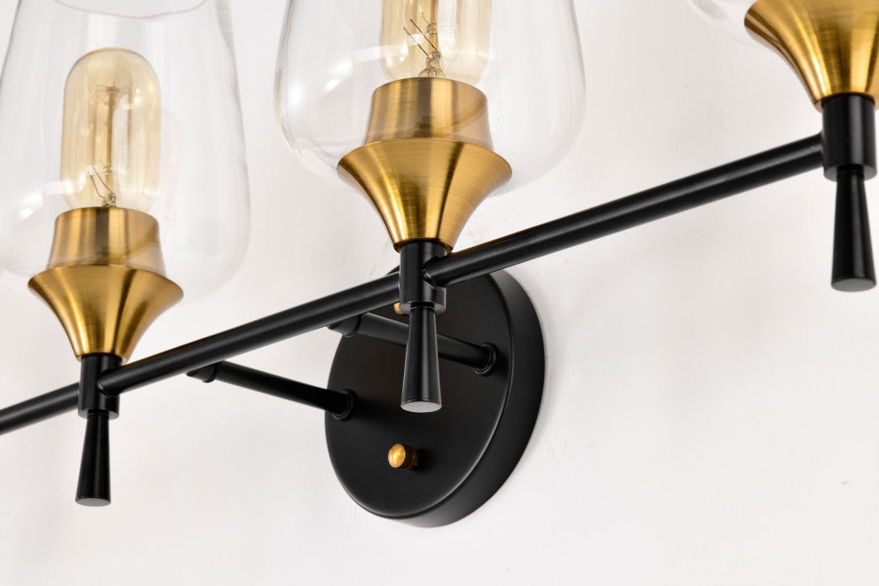 30 in. 4-Light Black and Antique Brass Vanity Light With Clear Glass Shades