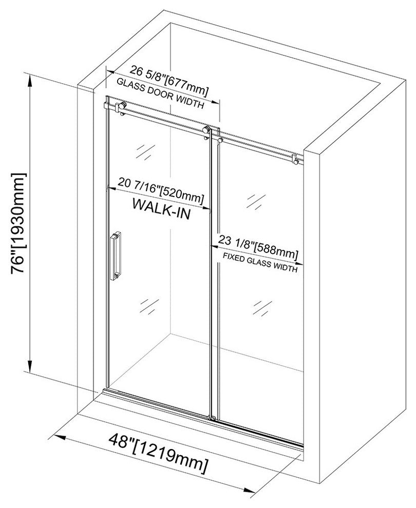 WoodBridge 44-48"Wx76"H Frameless Sliding Shower Door, Brushed Nickel