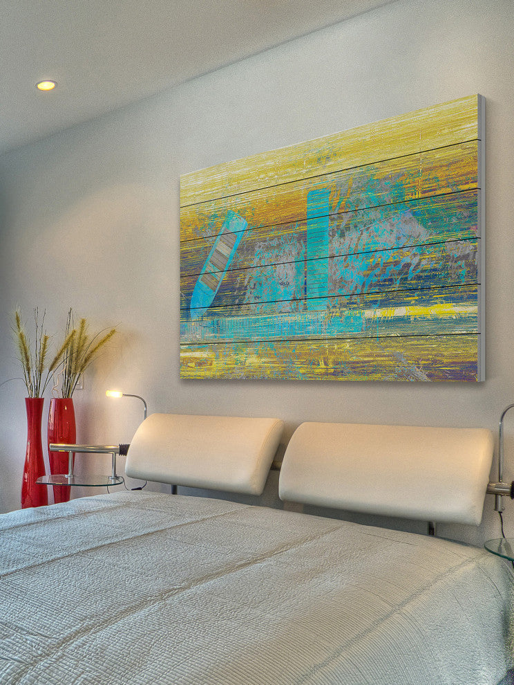 "Blue Boat Docked" Painting Print on White Wood, 36"x24"