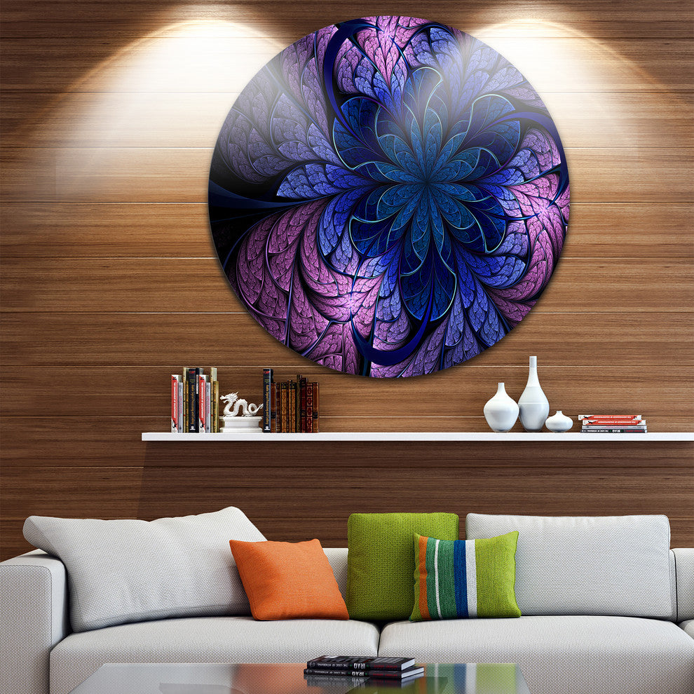 Blue Purple Digital Art Fractal Flower, Floral Disc Metal Artwork, 23"