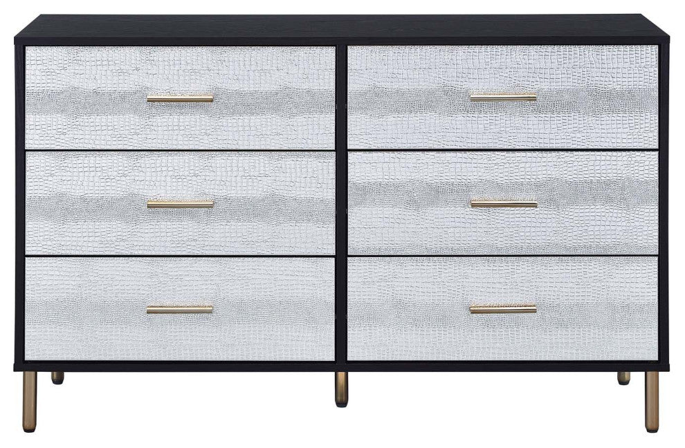 6 Drawers Wooden Dresser, Black, Silver and Gold Finish