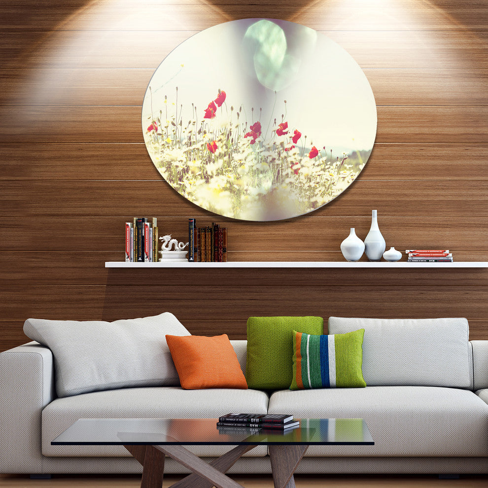 Red And White Poppy Flowers Field, Flower Large Disc Metal Artwork, 36"