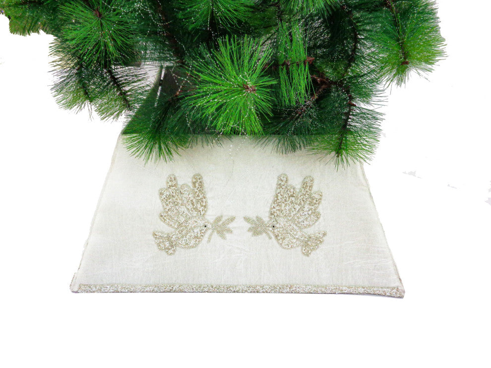 Hand Beaded Christmas Tree Collar, Doves on White Silk
