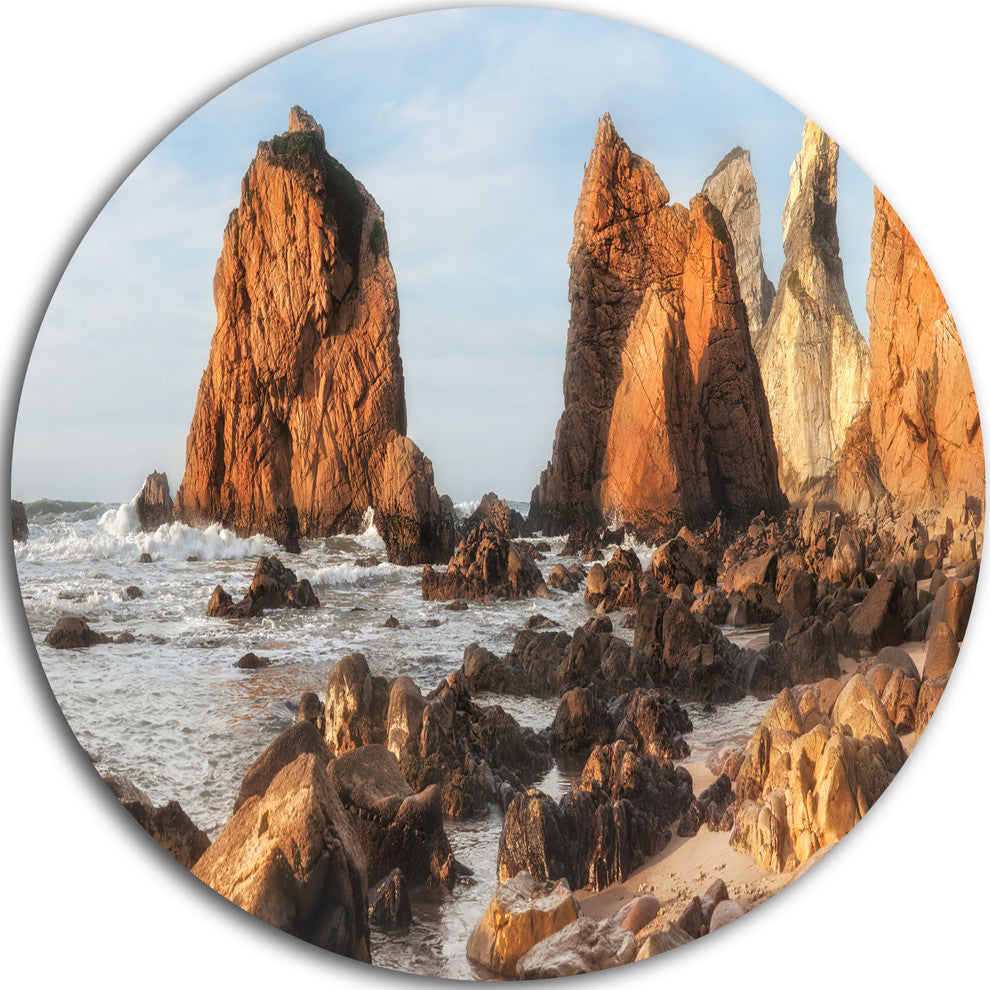 Rocky Atlantic Coast In Brown, Seascape Disc Metal Artwork, 38"