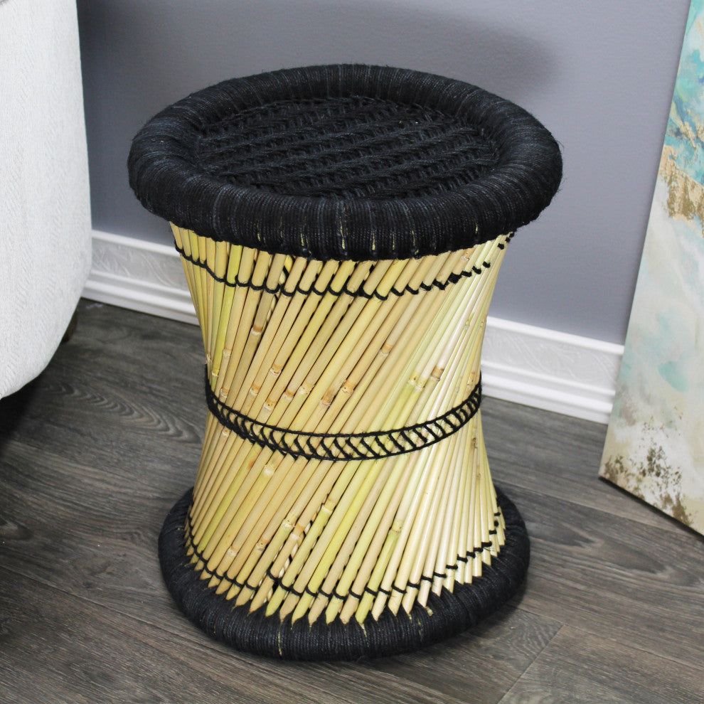 Natural Geo Moray Decorative Handwoven Jute Accent Stool, Black