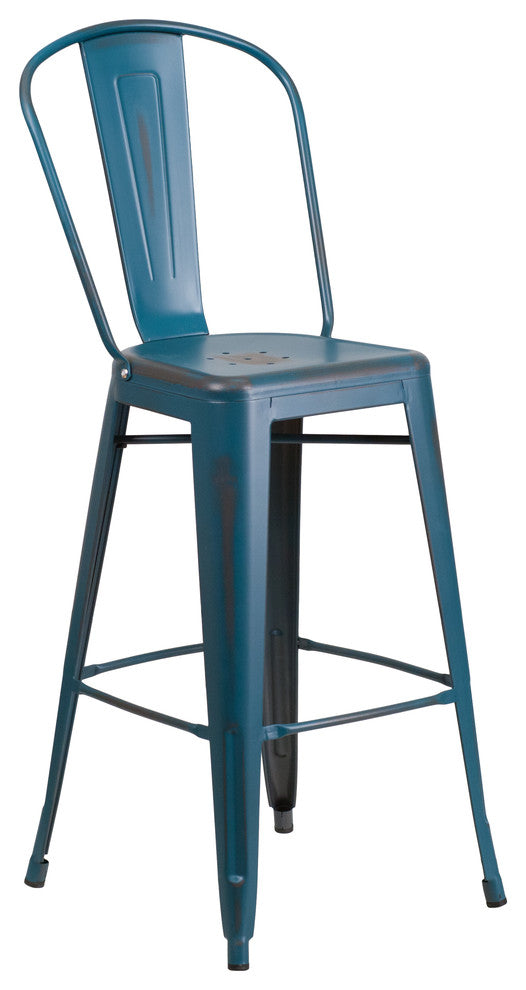 30" High Distressed Kelly Blue-Teal Metal Indoor-Outdoor Barstool With Back