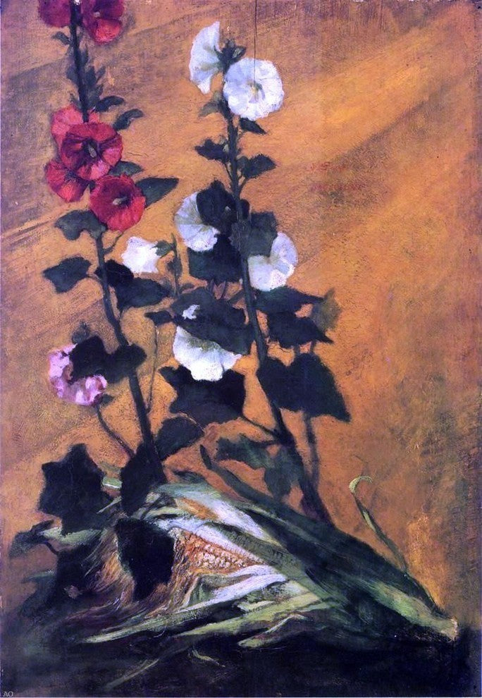 John La Farge Hollyhocks and Corn Premium Canvas Print