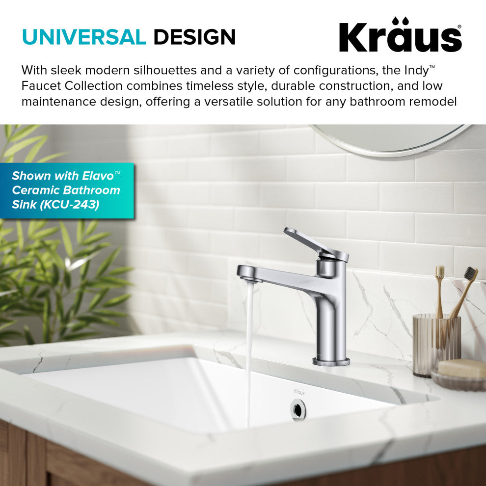 KRAUS Indy Single Handle Basin Bathroom Faucet Chrome, Pop Up Drain