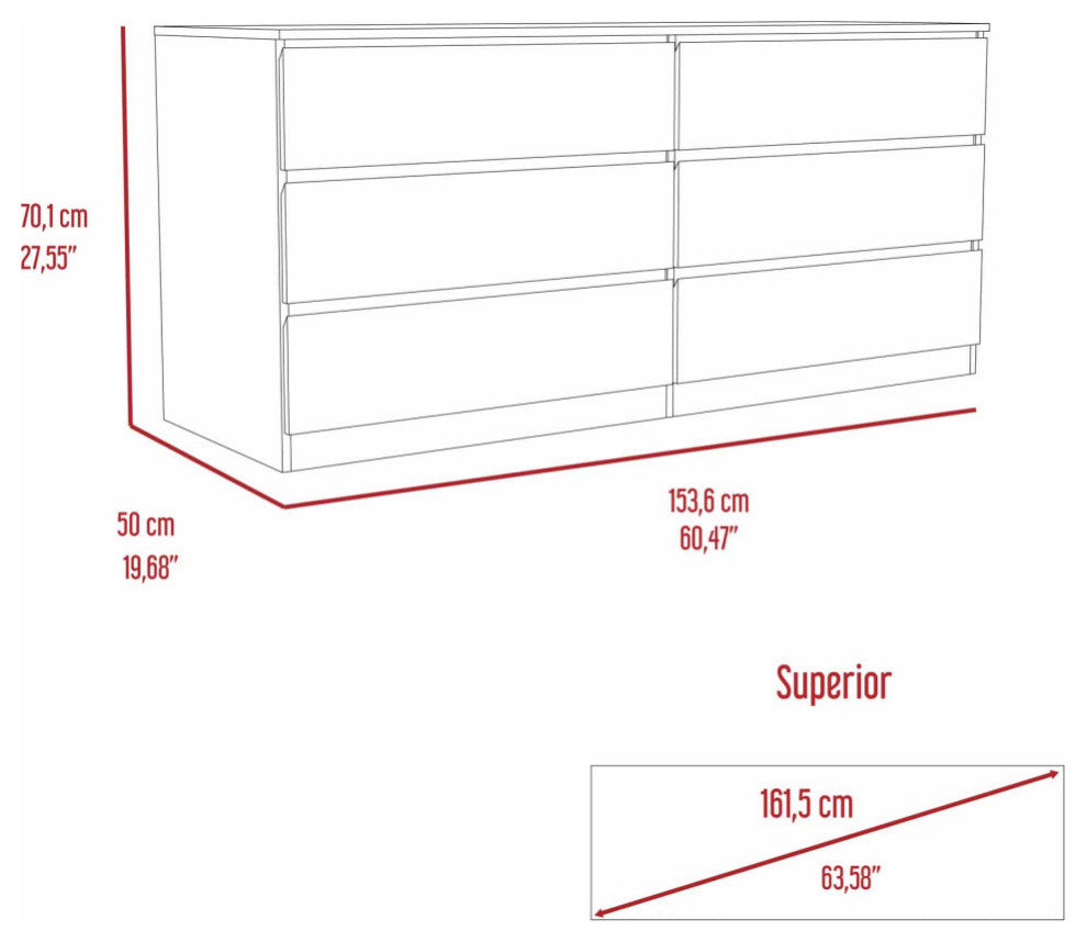 FM FURNITURE Seul Modern Minimal Six Drawer Double Dresser with Superior Top