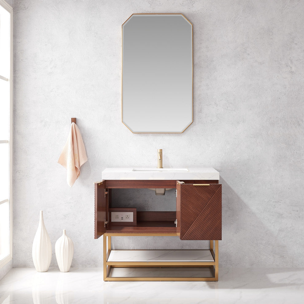 Mahon Bath Vanity, Stone Top, Brushed Gold Base, 36", Single Vanity, No Mirror