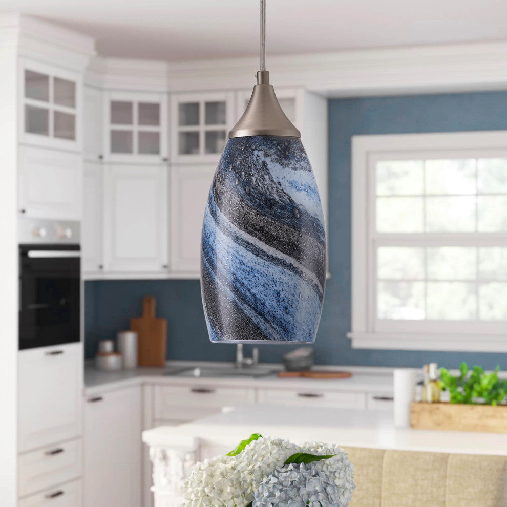 Modern Marble Art Glass Pendant Light With Brushed Nickel Finished, Blue
