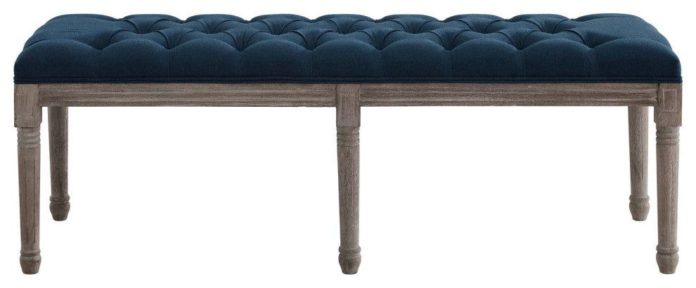 Navy Province French Vintage Upholstered Fabric Bench