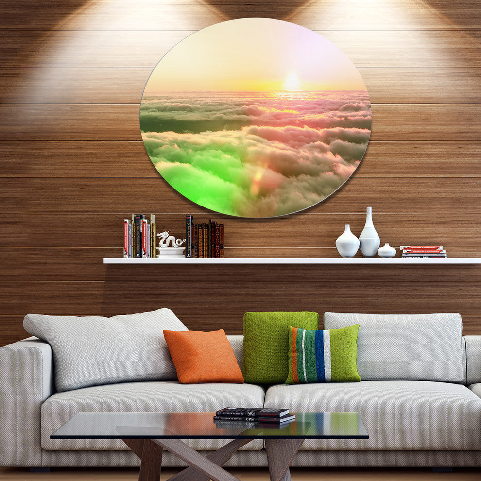 Sunset On Hills Above Clouds, Landscape Large Disc Metal Wall Art, 36"