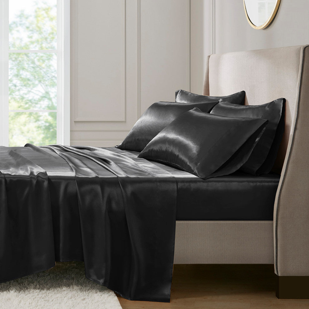 Madison Park Essentials Satin Luxury 6 PC Sheet Set, Black