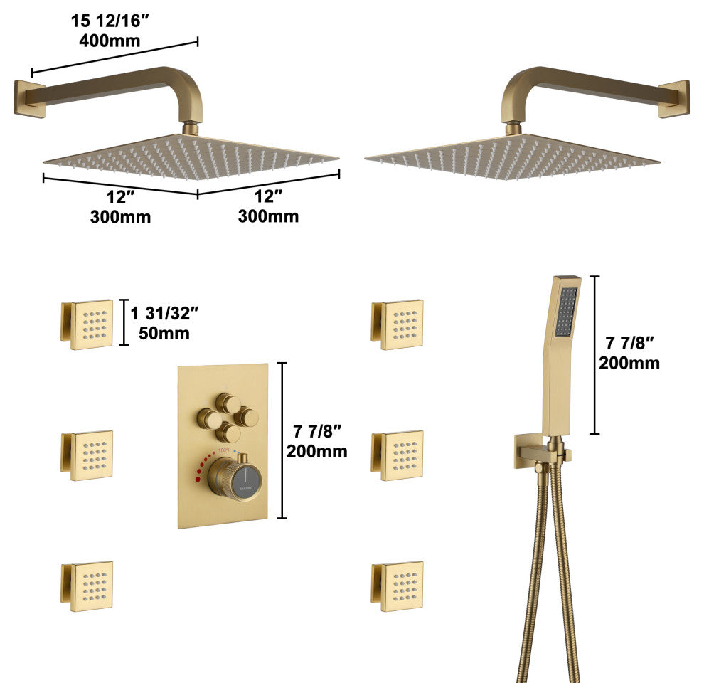 12" Dual Heads Shower System with 4 Way Thermostatic Faucet, Brushed Gold