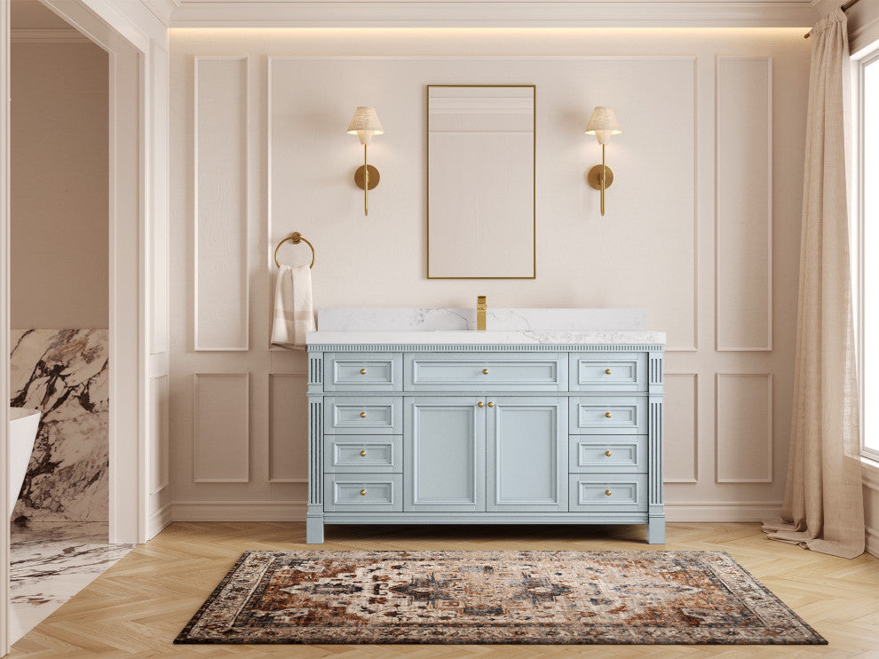 Paris 60" Single Sink Bathroom Vanity, Blue Heather 2" Calacatta Nuvo