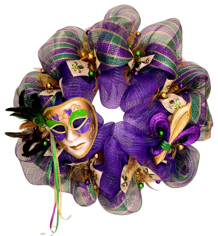 Extra Large Mardi Gras Wreath With Beautiful Mask and  Fleur De Lis 28"