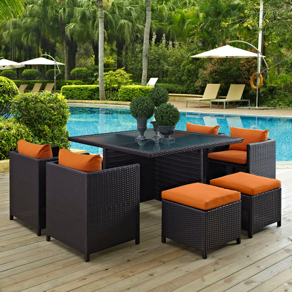 Modway Inverse 9-Piece Aluminum and Rattan Patio Dining Set in Espresso/Orange