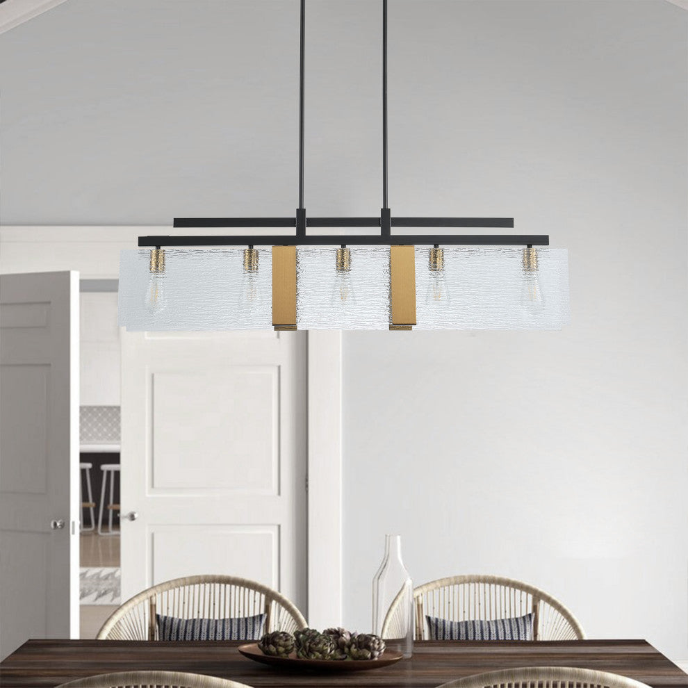 Farmhouse Matte Black 5-Light Rectangle Glass Chandelier for Kitchen Island