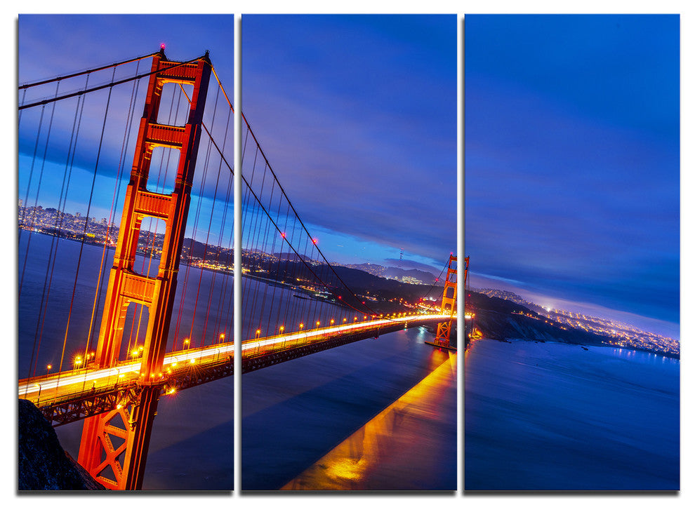 "Golden Gate in Blue Background" Sea Bridge Metal Wall Art, 3 Panels, 36"x28"