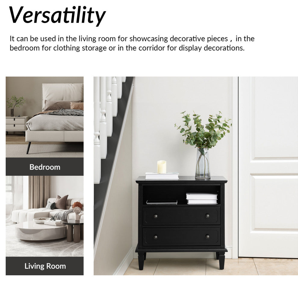 Drawer Solid Wood Nightstand, Black, Single