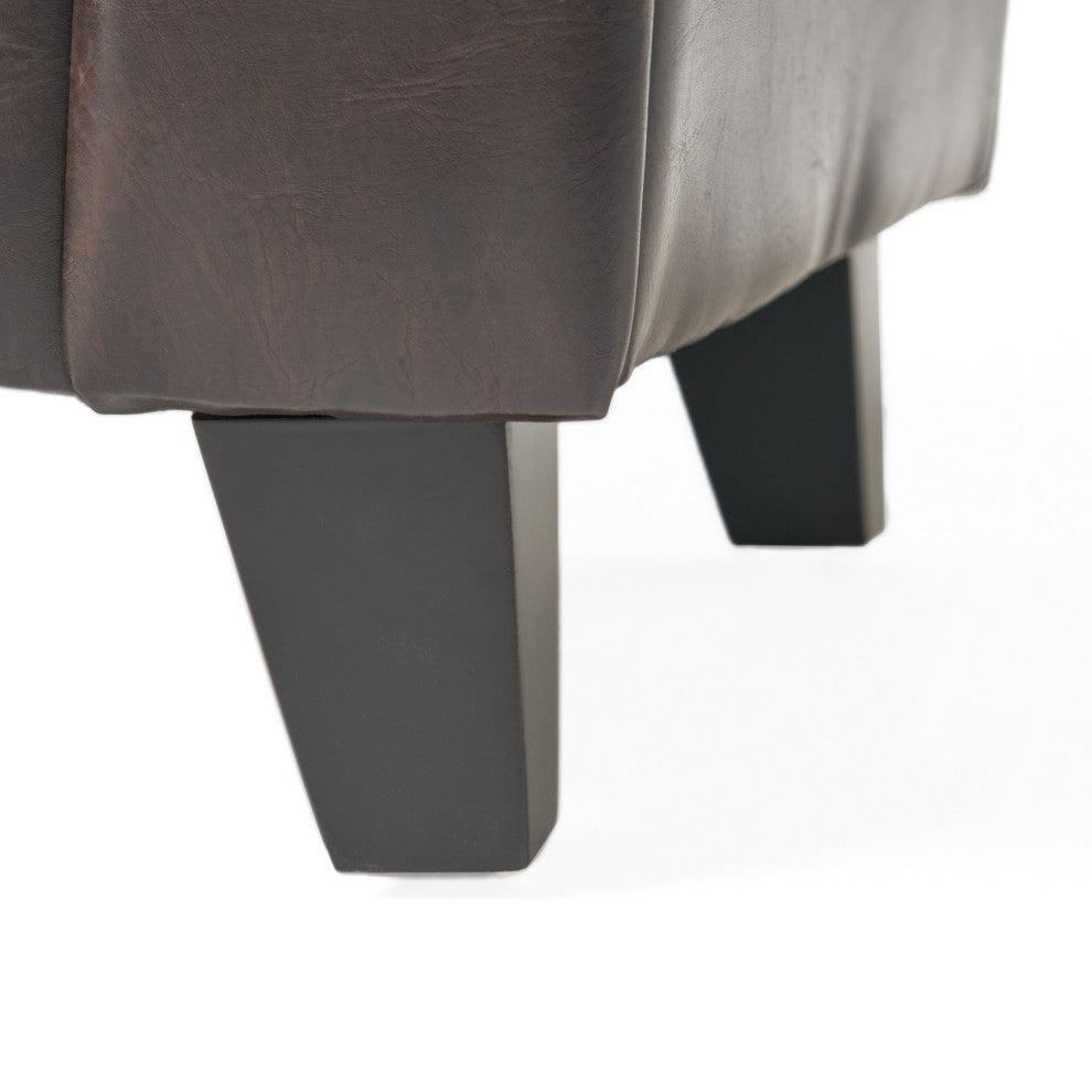GDF Studio Arthur Armed Storage Ottoman Bench, Tufted Seat, Brown Leather