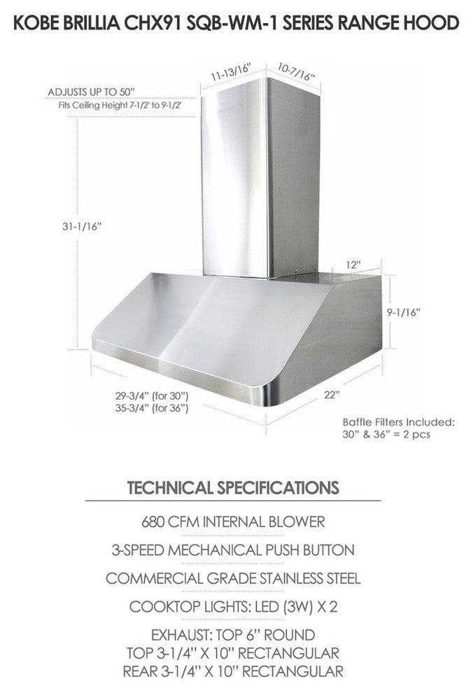 Kobe Brillia Wall Mount Range Hood, Silver, 30"