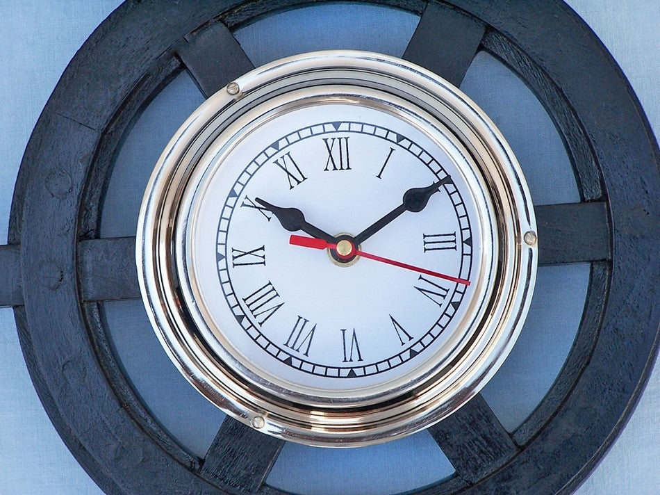 Deluxe Class Pirate Ship Wheel Clock, Wood and Chrome, 12"