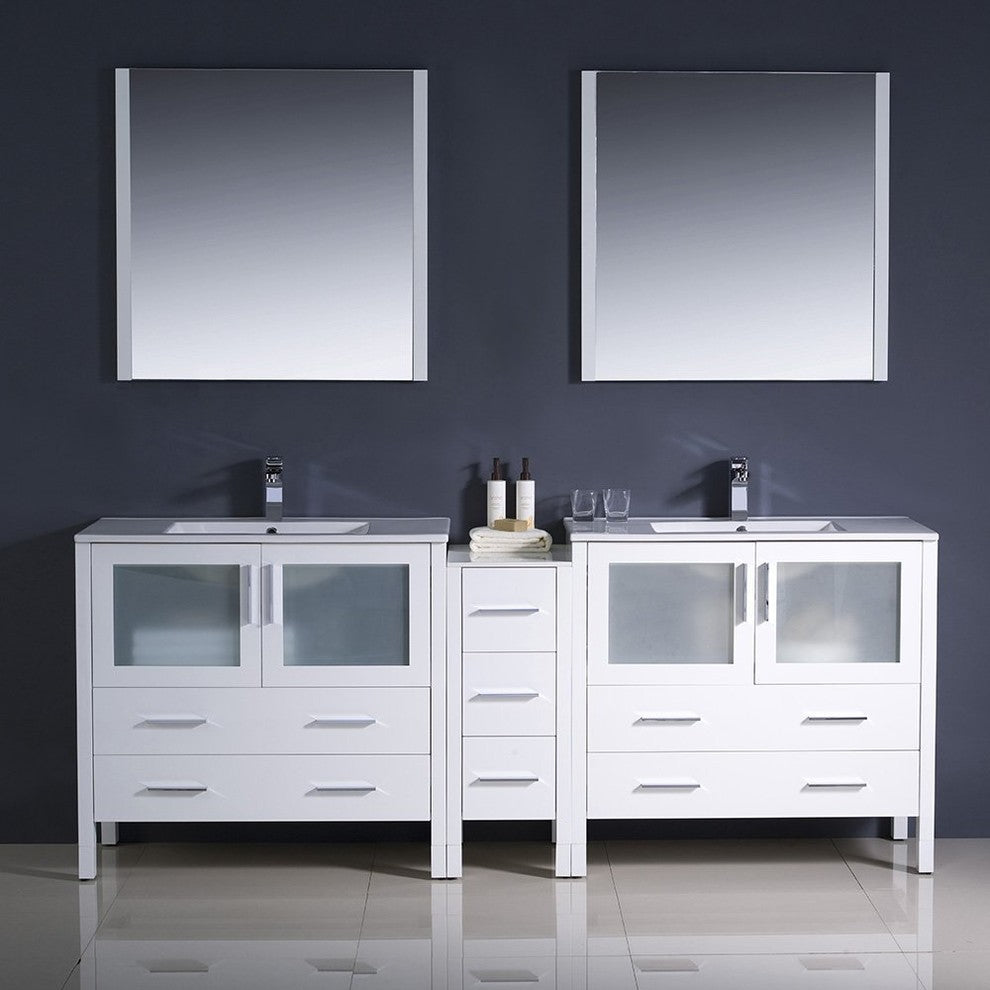 Torino 84" White Modern Double Sink Bathroom Vanity, Faucet FFT3071BN