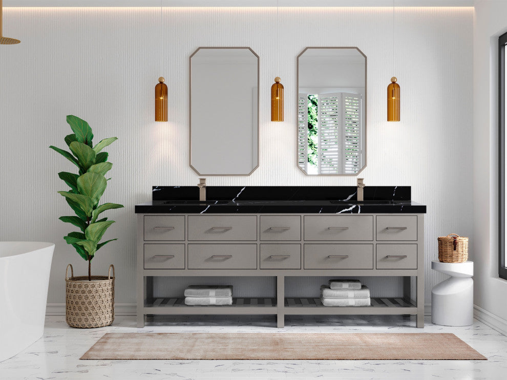 Parker 84" Double Sink Bath Vanity, Elephant Skin Gray 2" Calacatta Black