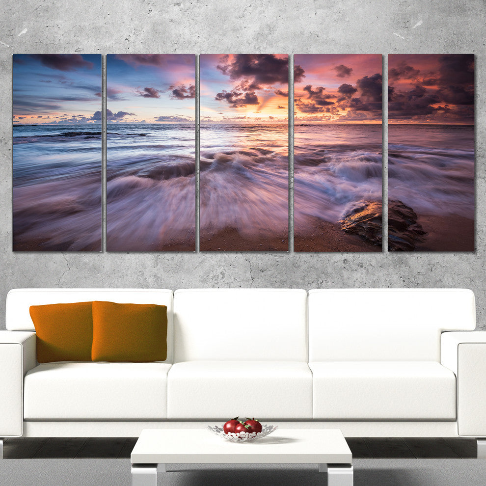 Beautiful Sea Waves At Sunset, Beach Photo Canvas Print, 60"x28", 5 Panels