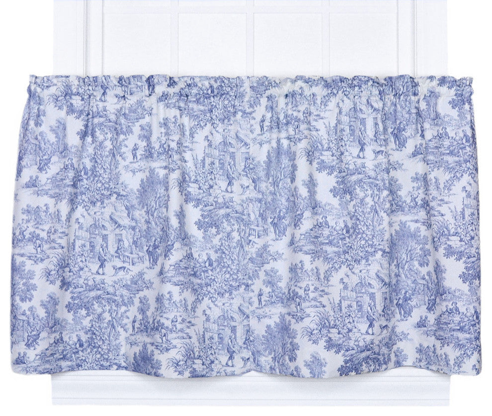 Ellis Curtain Victoria Park Toile 68"x24" Tailored Tier Curtains, Blue, Blue