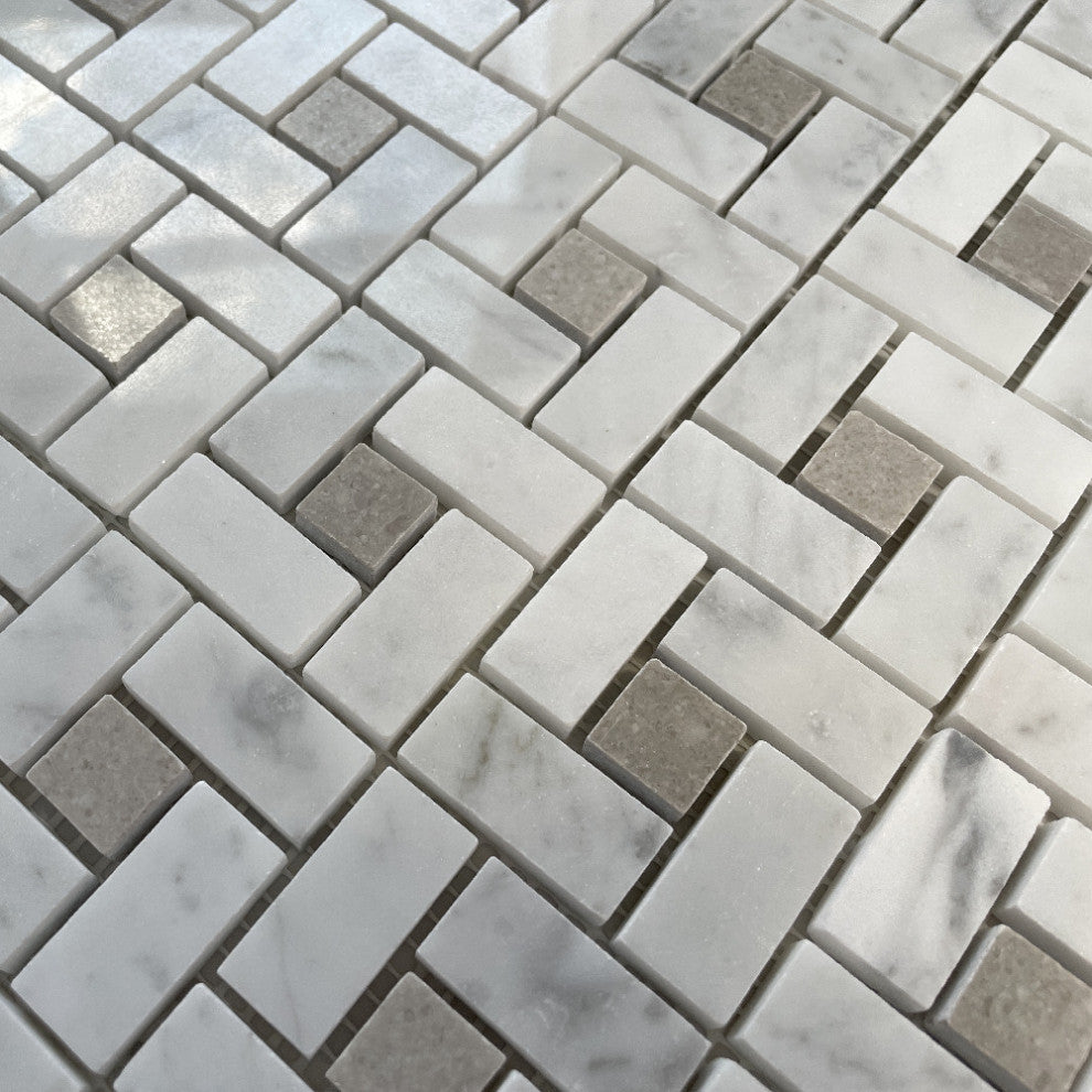 Carrara White Pinwheel Mosaic Venato Marble Tile Gray Dots Polished, 1 sheet
