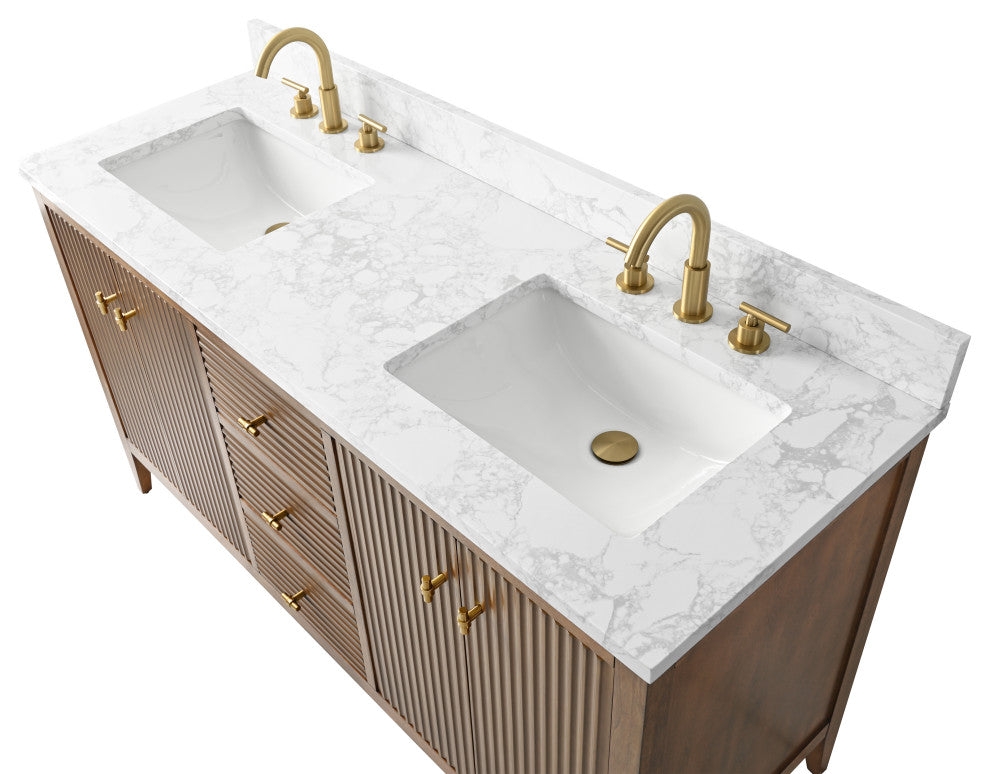 Vanity Art Freestanding Vanity, Walnut, 60", Double Sink, Golden Brushed