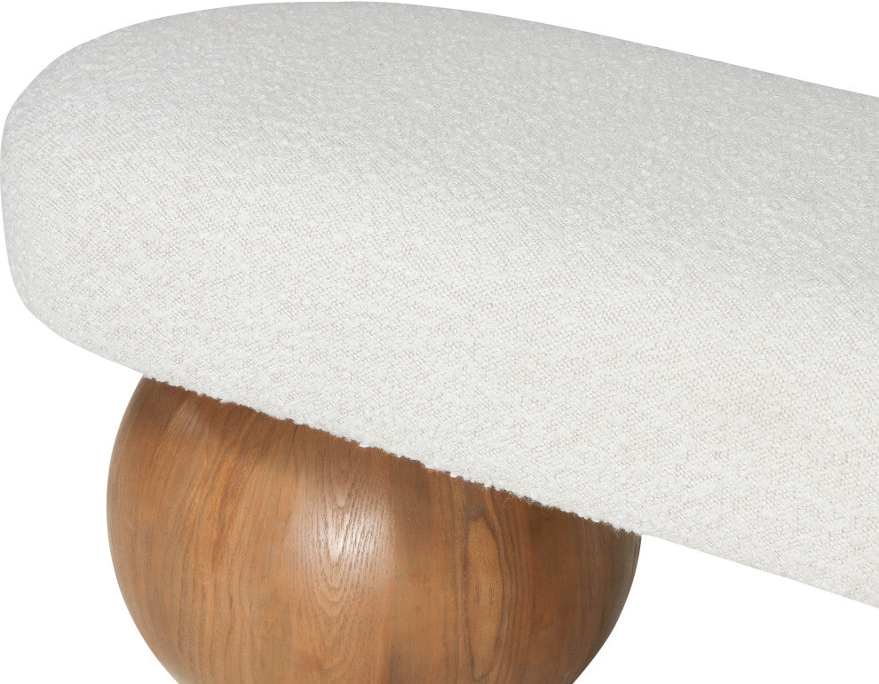 Meridian Furniture Bowie Boucle Fabric Upholstered Bench, Cream, Brown Finish