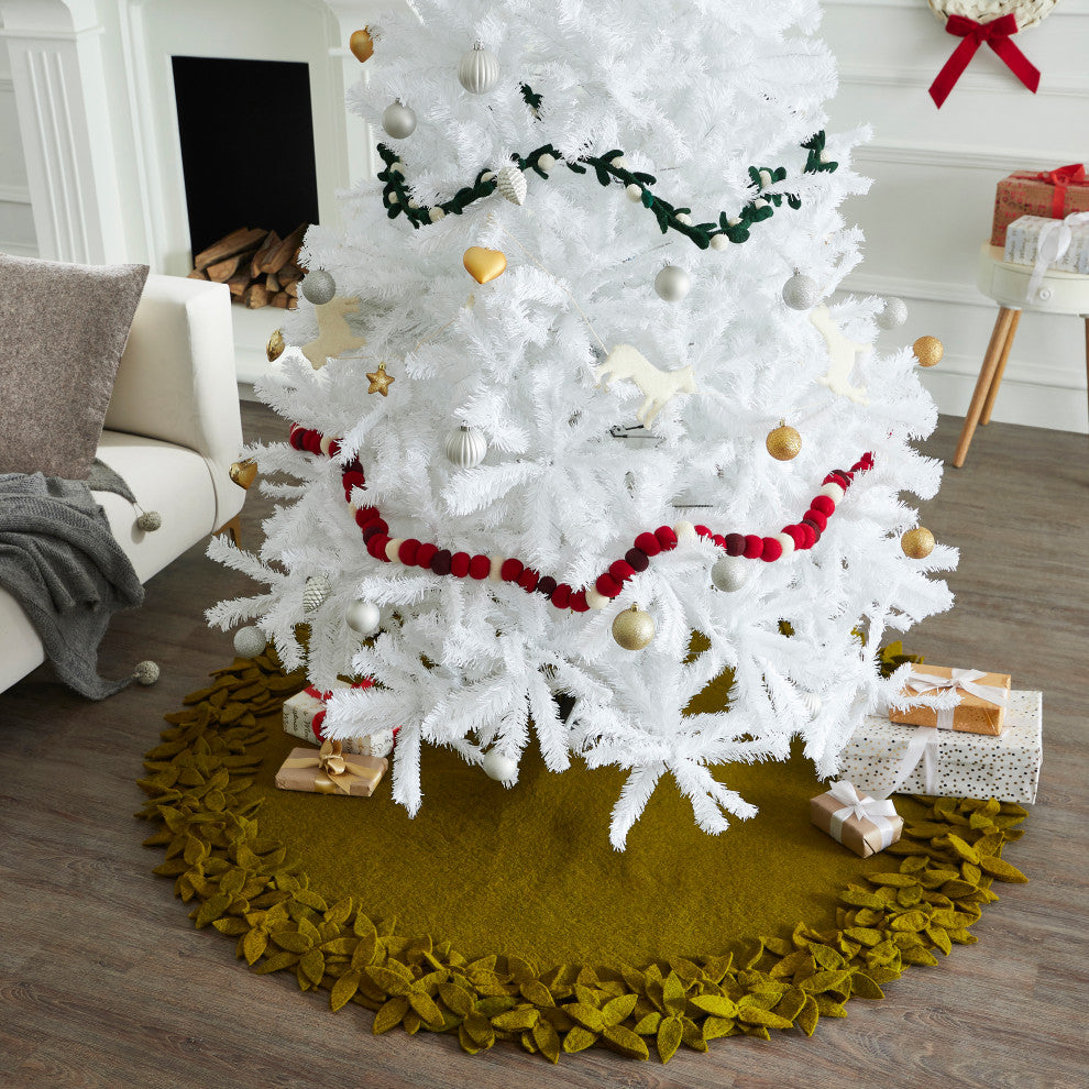 Overlapping Flowers Christmas Tree Skirt in Hand Felted Wool in Chartreuse