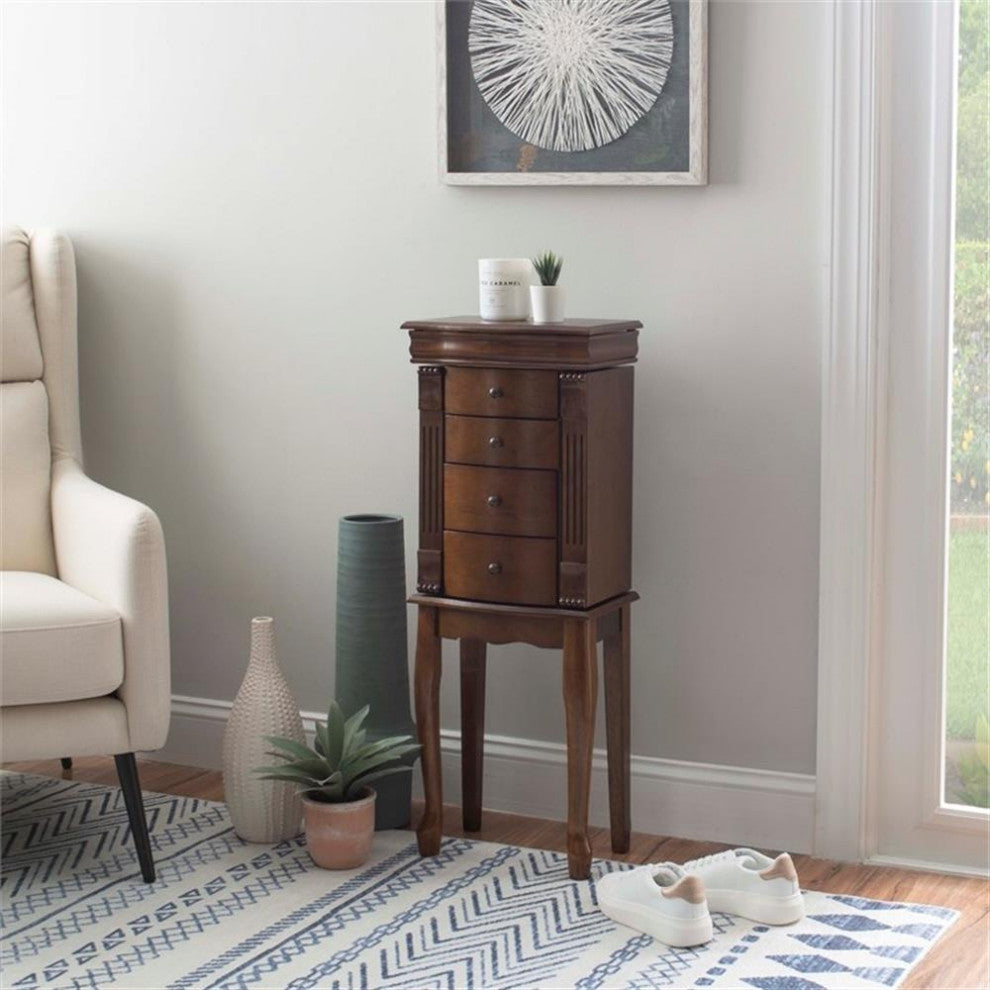 Linon Louis Philippe Wooden Jewelry Armoire 4 Drawers Flip Up Mirror in Walnut